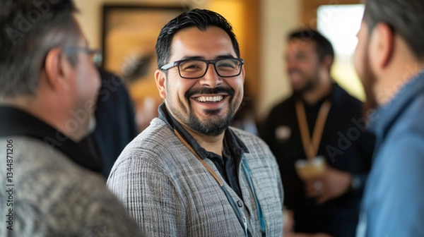 Fototapeta Corporate employees mingling during a team-building retreat, smiling and exchanging experiences.