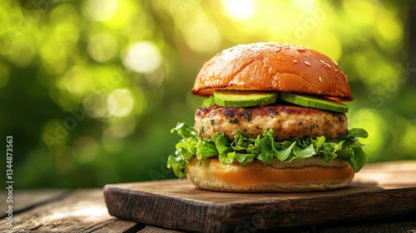 Fototapeta Grilled turkey burger with avocado and lettuce, healthy lunch option, rustic wooden board, sunny outdoor setting, fresh vibes