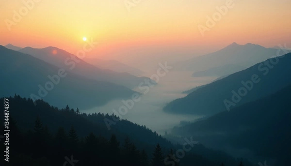 Obraz Foggy mountain valley at sunrise. .AI image