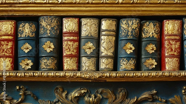 Fototapeta Antique leather-bound books with ornate designs displayed on a vintage bookshelf in a classic library setting