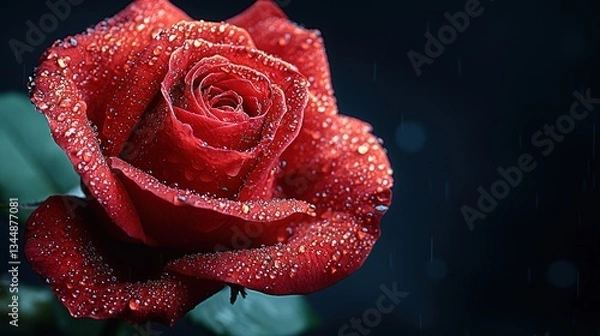Obraz Close-up of a vibrant red rose, covered in dew drops