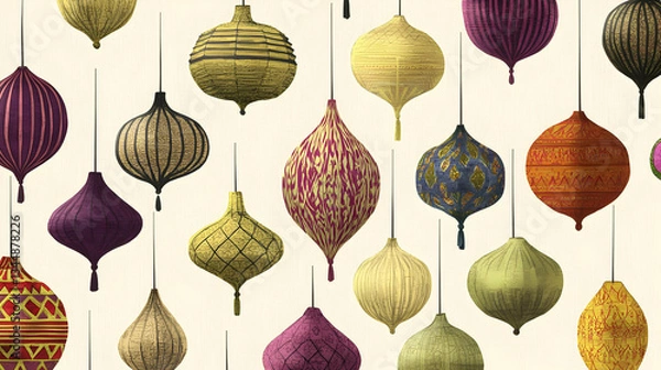 Fototapeta Colorful patterned lanterns hanging, festive background, design element