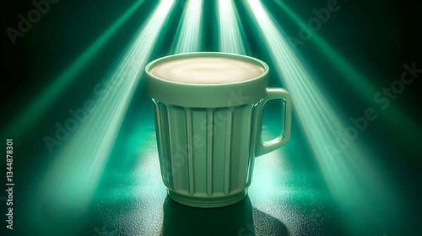 Fototapeta Creamy latte in mug, dark green background, spotlight effect, beverage menu