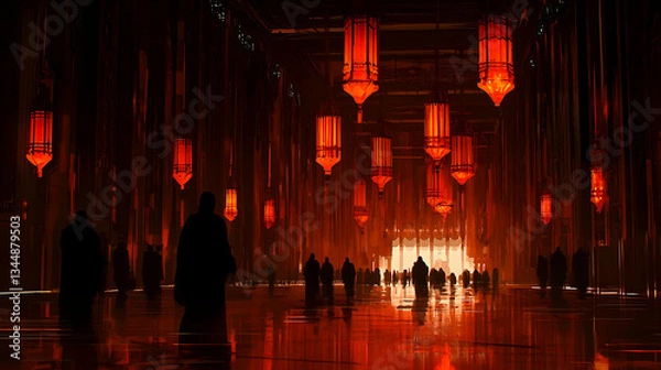 Fototapeta Silhouetted figures walking in a grand hall with red lanterns, glowing entrance