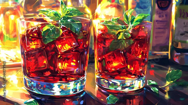 Fototapeta Two iced drinks, mint garnish, bar background, summer refreshment