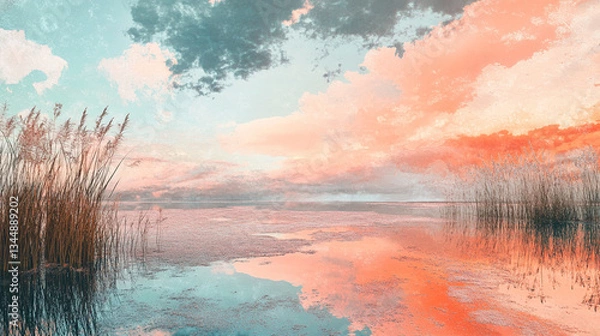Fototapeta Serene sunset over a tranquil lake with colorful reflections and tall grass in the foreground