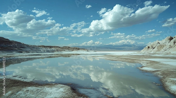 Fototapeta Serene landscape reflecting clouds over a tranquil salt flat with distant mountains and clear sky