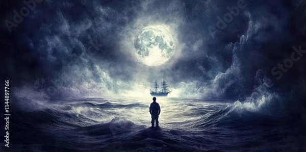 Fototapeta A person stands before ocean under a full moon