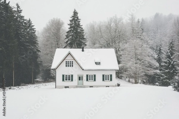 Fototapeta A charming snow-covered house is nestled among towering trees, creating a picturesque scene in a tranquil winter landscape on a peaceful morning