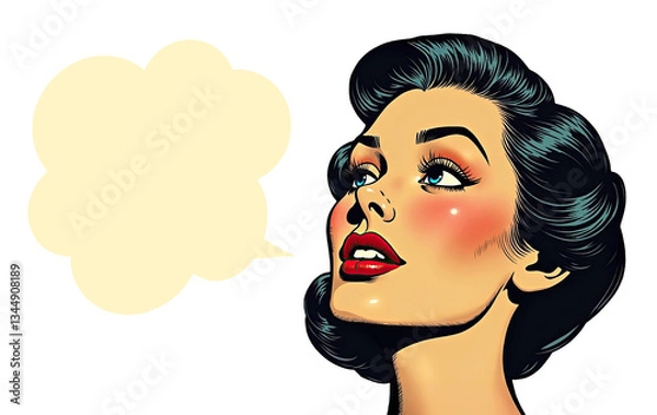 Obraz Vintage pin-up illustration of elegant woman with dark hair and red lips gazing upward. Retro 1950s comic book art style with empty speech bubble, perfect for customizable messaging.
