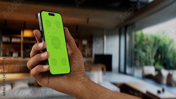 Obraz GREEN SCREEN CHROMA KEY A modern indoor living room setting during the day, with a person holding a phone. Ideal for apps showcasing home or tech-related features