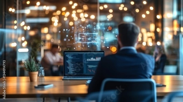 Fototapeta Presenter showcasing software demo on a slim laptop in modern workspace with ambient lighting