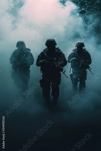 Fototapeta Soldiers advance through thick fog during a training exercise in a forested area at dusk