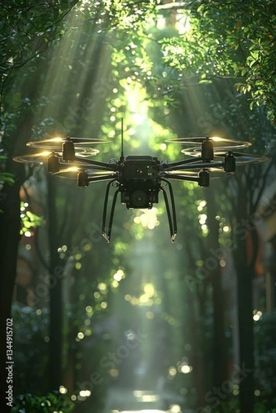 Fototapeta Drone navigates through a sunlit forest path, capturing serene natural beauty and intricate details of foliage and sunlight rays
