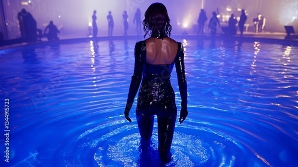 Obraz Woman Relaxing in Blue Illuminated Pool