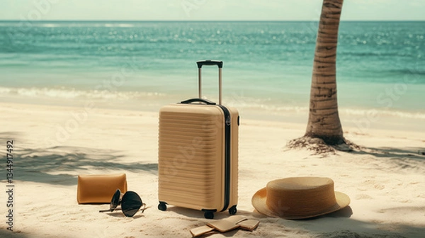 Fototapeta Stylish Suitcase and Travel Accessories Arranged on a Tropical Beach with Golden Sand and Crystal-Clear Water in the Background
