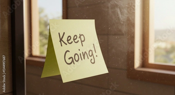 Fototapeta A close-up of a motivational sticky note on a mirror with the words Keep Going! written in elegant handwriting. wide-angle shot, DSLR, natural light