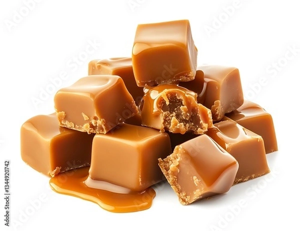 Fototapeta A pile of caramel fudge with dripping liquid, isolated on a white background