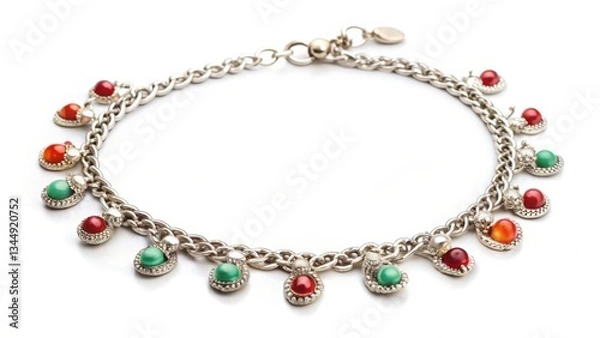 Fototapeta Silver Anklet with Multicolored Gemstones on White Background