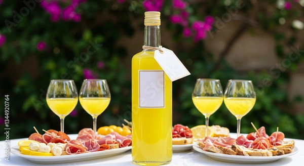 Fototapeta Limoncello bottle with a rectangular blank tag, with limoncello glasses and Italian antipasto on the sides, summer light, in Capri garden with bougainvilleas, luxury feel
