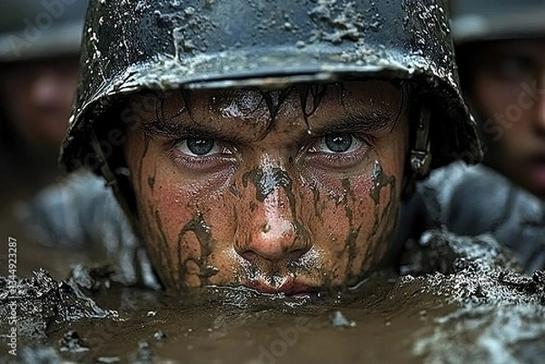 Fototapeta Soldier immersed in muddy terrain, showcasing resilience and determination in challenging conditions