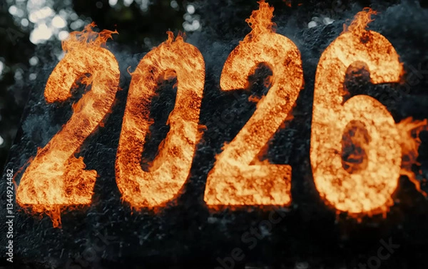 Obraz Duże cyfry 2026 rok w płomieniach, Palące napisy