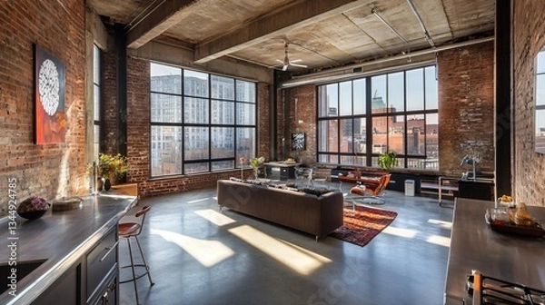 Fototapeta Industrial Loft Space: an open-concept loft with exposed brick walls, metal fixtures, and large windows, blending raw materials with modern, urban style