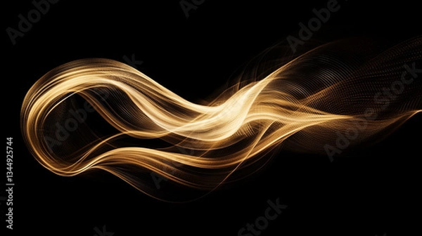 Fototapeta Abstract golden light waves flowing gracefully against a black background, creating a sense of motion and elegance