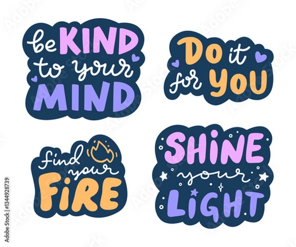 Obraz Set of positive thinking concept stickers design. Isolated vector handwritten lettering phrases for print, social media, or stationary. 