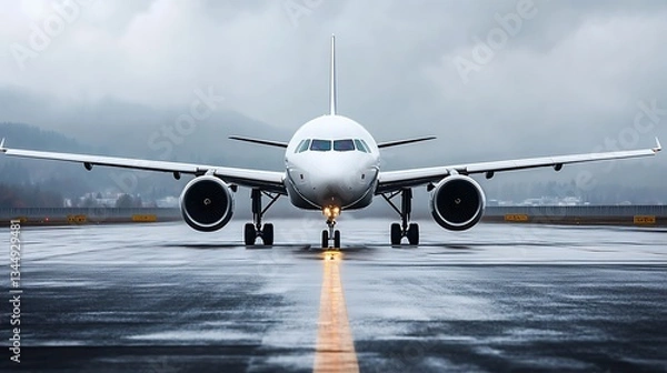 Fototapeta Airplane on Runway in Misty Weather