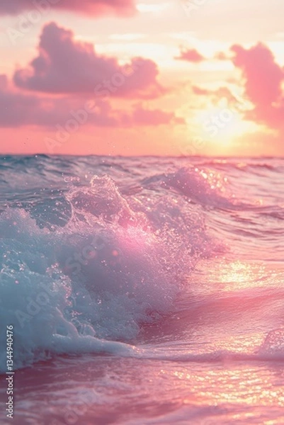 Fototapeta Vibrant sunset over the ocean with gentle waves reflecting soft pink and orange hues