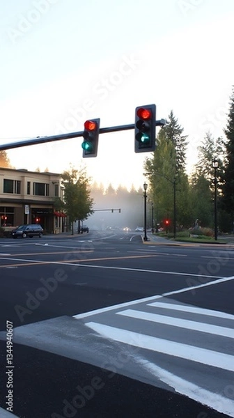 Fototapeta Misty Dawn Traffic Intersection.