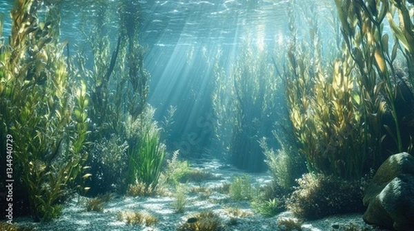 Fototapeta Underwater Landscape with Sunlight Rays Shining Through Kelp Forest and Vibrant Marine Life in Crystal Clear Ocean Water
