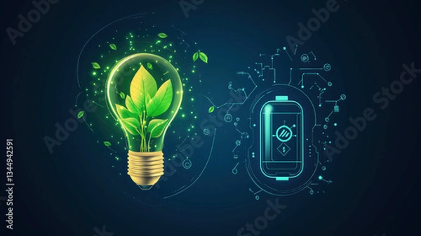 Fototapeta Light Bulb with Green Leaves Symbolizing Green Energy and Sustainability, Above a Detailed Diagram of a Battery Showing Lithium Ion Charge and Discharge Processes