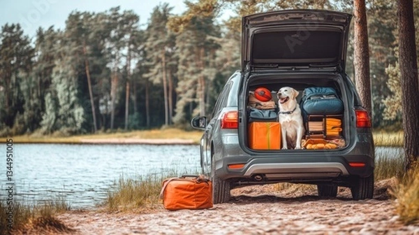 Fototapeta A car trunk filled with camping gear and a happy dog