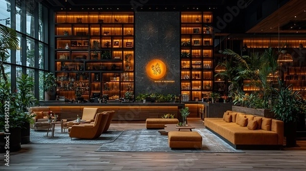 Obraz Modern hotel lobby with warm tones and lush greenery