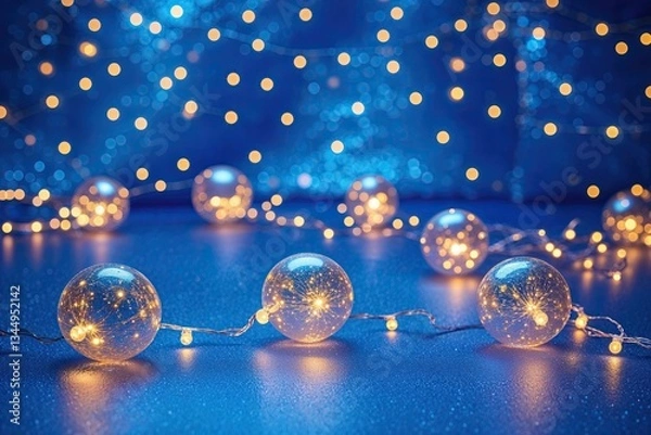 Obraz Enchanting Royal Blue Backdrop with Twinkling Fairy Lights and Radiant Orbs for Joyful Celebrations and Festive Greetings