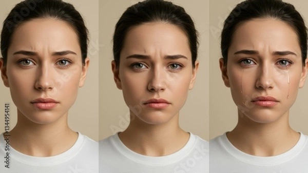 Obraz Young Caucasian woman displays a range of sad emotions in portrait photography Focus on vulnerability, introspection, mental health awareness