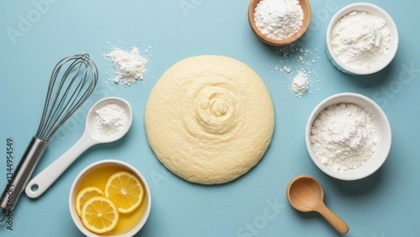 Obraz Mixing bowl with batter, lemon slices, flour, and whisk on light blue background Focus on baking process, culinary creativity, and food preparation