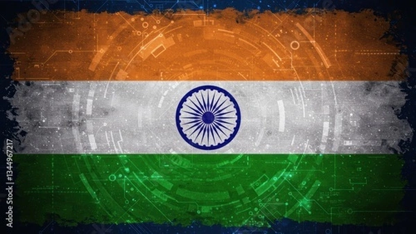 Fototapeta A digital representation of the Indian flag on a tech background.