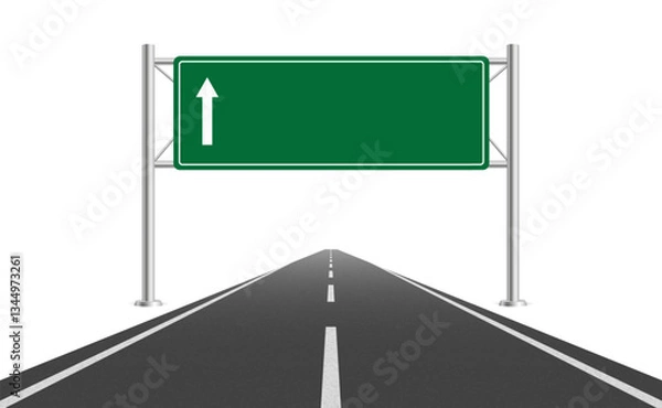 Fototapeta Perspective view road track with green sign board. Empty highway with directions sign. Vector EPS 10