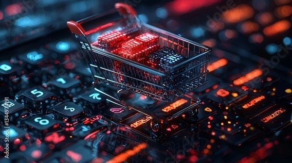 Obraz Online shopping cart filled with cryptocurrencies on keyboard