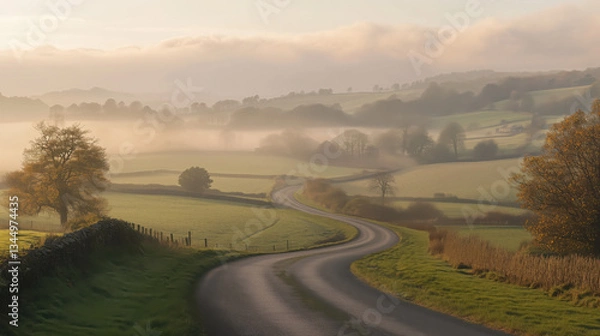 Fototapeta Vast Panoramic Shot of Peaceful Countryside with Rolling Hills, Winding Roads, and Golden Fields Under Soft Hazy Morning Light