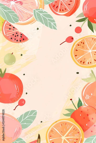Fototapeta Hand-drawn fruit frame with citrus, berries, and leaves