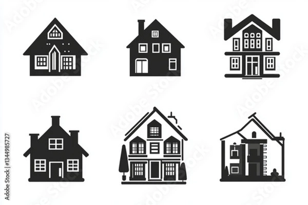 Fototapeta Six black and white house illustrations on white background