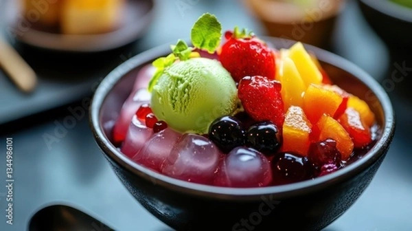 Fototapeta Refreshing fruit dessert with matcha ice cream, served in a dark bowl