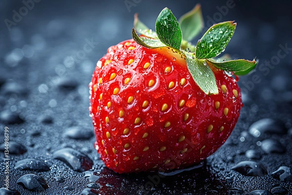 Obraz Single strawberry with water droplets sits on a dark surface