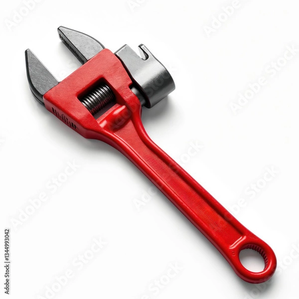Fototapeta Bright red adjustable wrench designed for plumbing, repair work. Versatile tool ideal for DIY, construction projects in workshop, toolbox. Metal spanner with fixture for tighten, loosen fasteners.