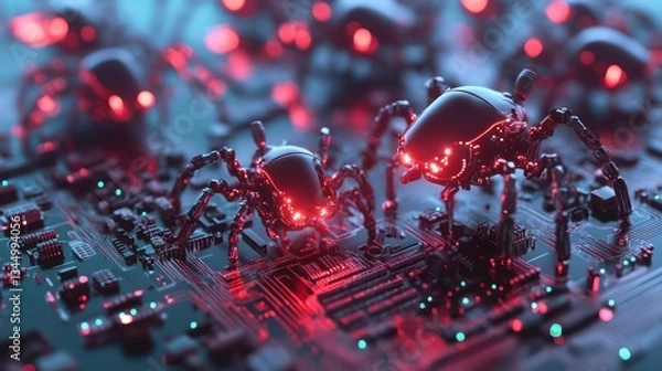 Fototapeta Robotic spiders invade circuit board; digital attack background
