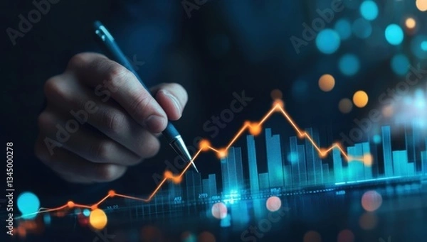 Fototapeta Businessman drawing an upward arrow on a graph with a growth chart and business plan, a concept of rising sales or a positive market and training for success in a business background Generative AI